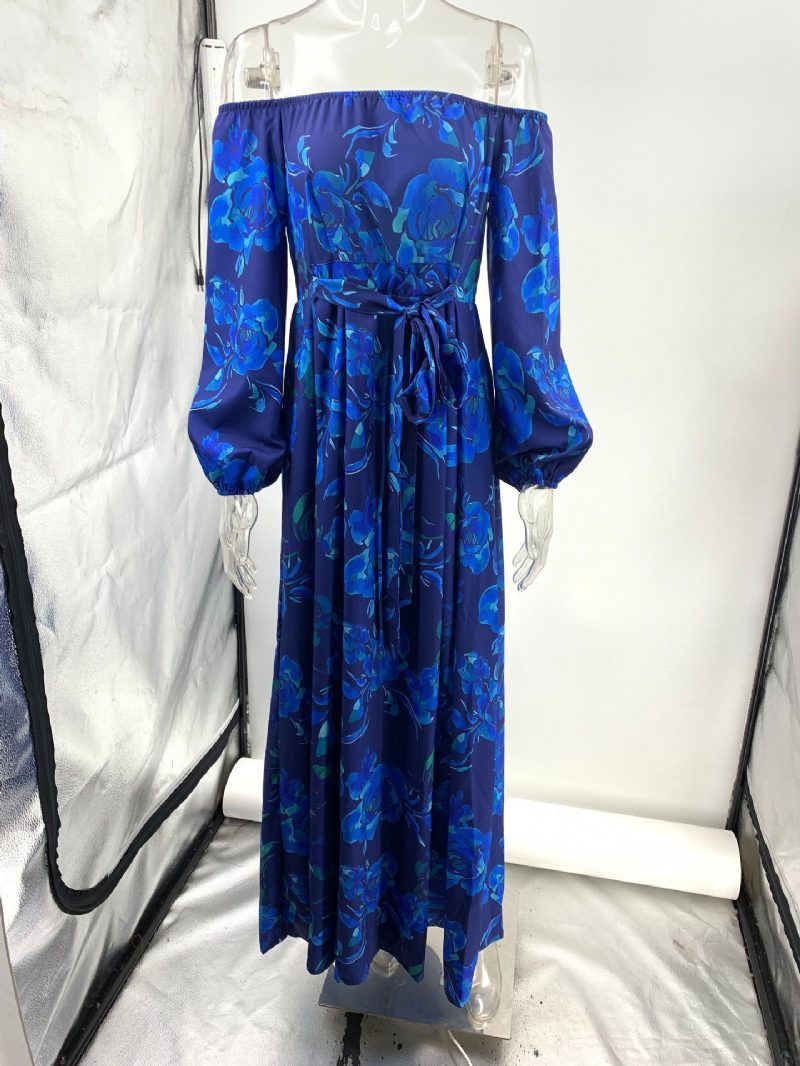 Damen-kleid Mit Allover-print Schulterfrei Drei Viertelärmeln Lässige Frühlings-maxikleider - Blau