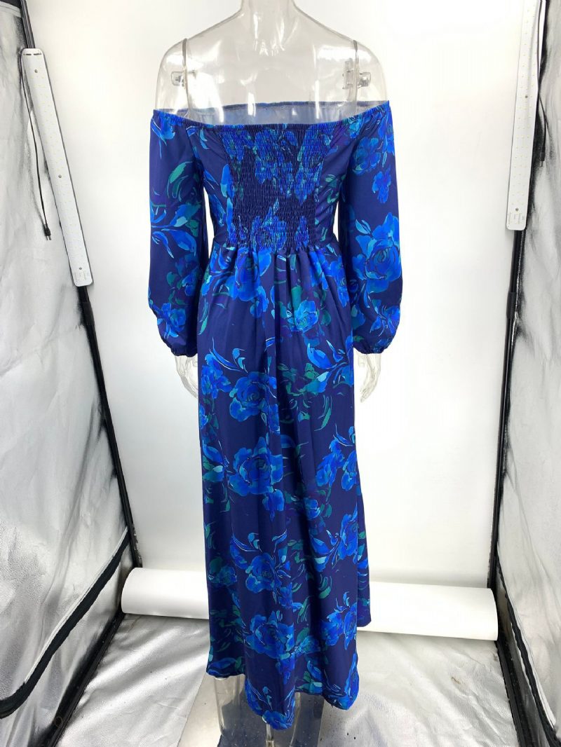 Damen-kleid Mit Allover-print Schulterfrei Drei Viertelärmeln Lässige Frühlings-maxikleider - Blau