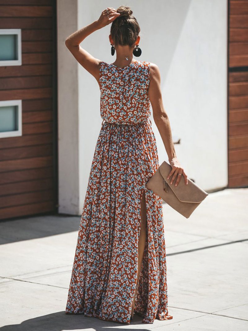 Damen-maxikleid Mit Blumenmuster Ärmellos V-ausschnitt Geteiltes Sommerkleid - Ziegelrot