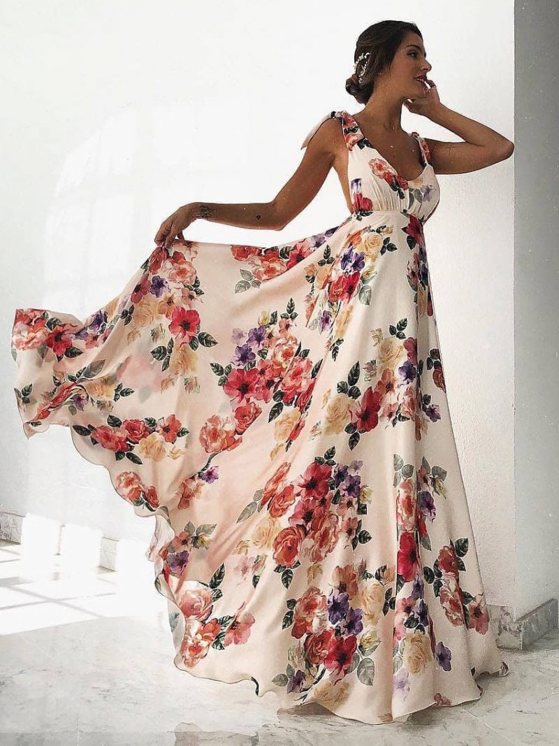 Damen-maxikleid Mit Blumenmuster Weiß V-ausschnitt Offener Rücken Chiffon Boho-sommerkleider