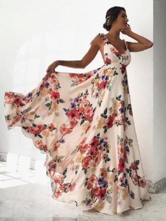 Damen-maxikleid Mit Blumenmuster Weiß V-ausschnitt Offener Rücken Chiffon Boho-sommerkleider