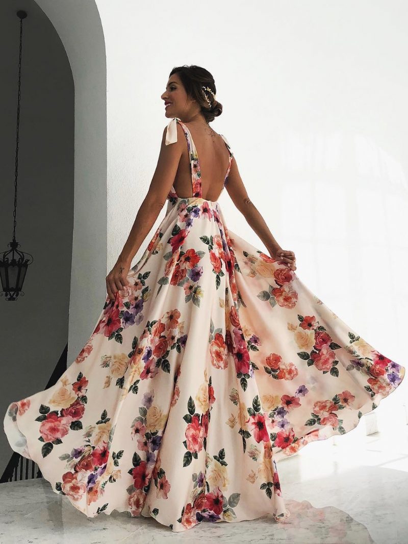 Damen-maxikleid Mit Blumenmuster Weiß V-ausschnitt Offener Rücken Chiffon Boho-sommerkleider - Hellgelb