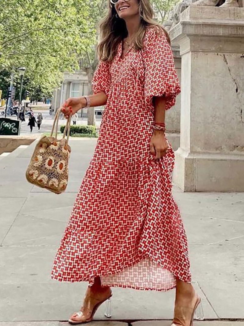 Damen-maxikleid Mit Juwelenausschnitt 3/4-ärmel Lässiges Langes Kleid Blumendruck - Rot