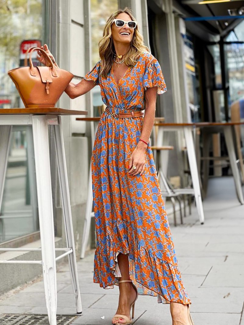 Damen-maxikleid Mit V-ausschnitt Und Kurzen Ärmeln Bedrucktes Schärpen-langkleid - Orange