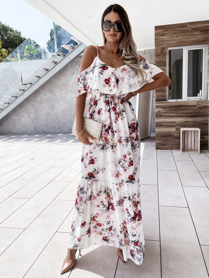 Damen-maxikleider Kurze Ärmel Hellrosa Mit Blumenmuster Träger Ausschnitt Plissiert Langes Stretch-kleid - Weiß