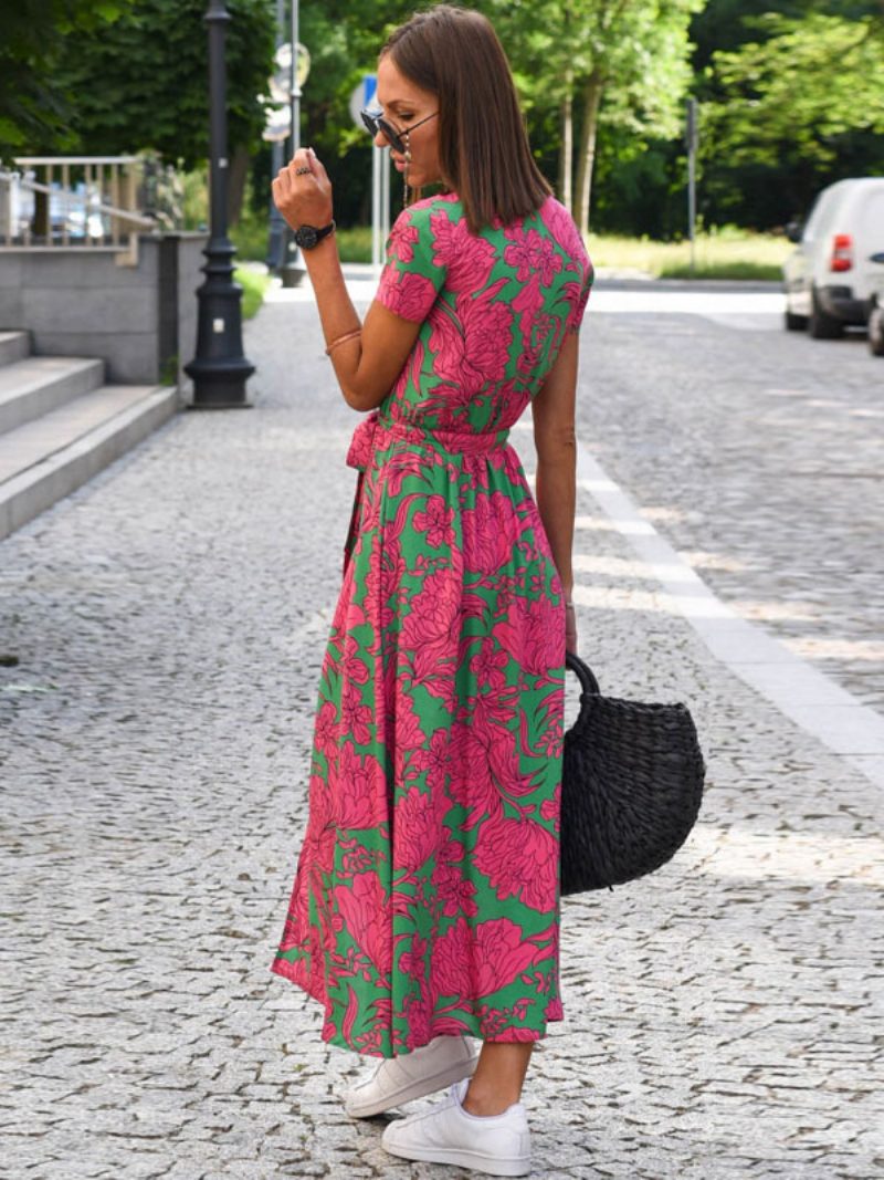 Damen-maxikleider Mit Blumenmuster Bedruckt Schnürung V-ausschnitt Kurzen Ärmeln Schlitz Vorne Lässig Sommer Lang - Rosa