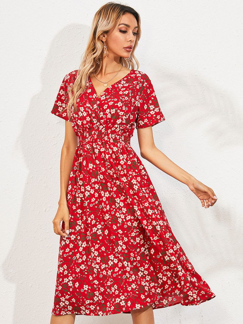 Damen-midikleid V-ausschnitt Kurze Ärmel Blumenmuster Schickes Sommerkleid - Rot