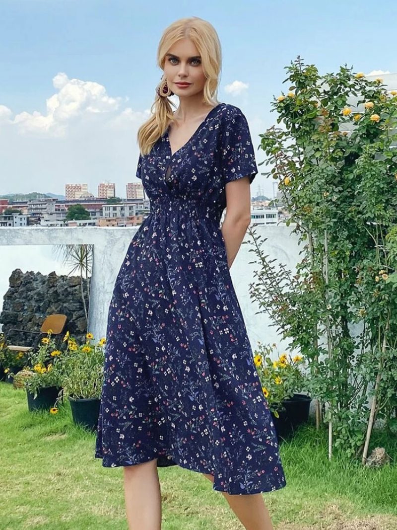 Damen-midikleid V-ausschnitt Kurze Ärmel Blumenmuster Schickes Sommerkleid - Tiefblau