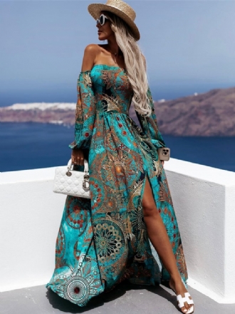 Damen-sommerkleid Cyanblau Bateau-ausschnitt Geteilte Vorderseite Bedrucktes Strandkleid