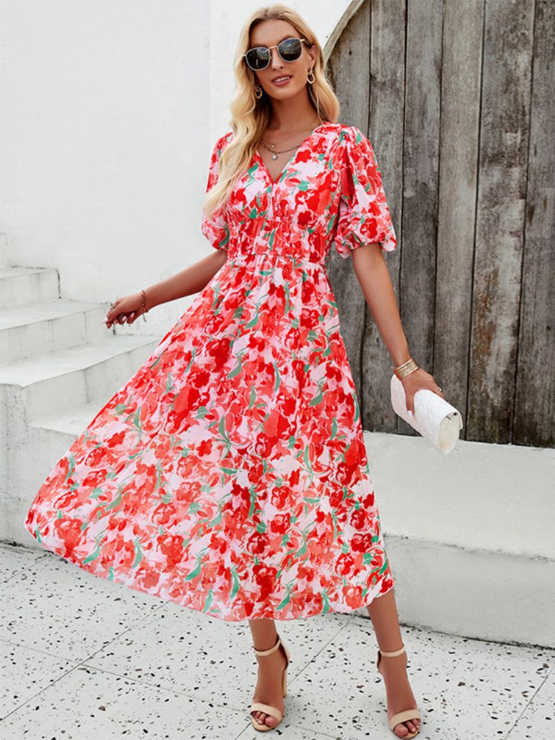 Damen-sommerkleid Floral Bedruckt V-ausschnitt Böhmische Midi-kleider