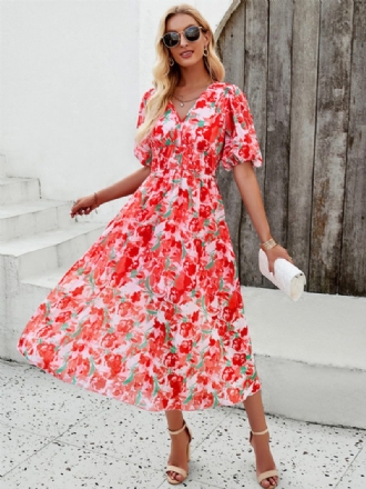 Damen-sommerkleid Floral Bedruckt V-ausschnitt Böhmische Midi-kleider