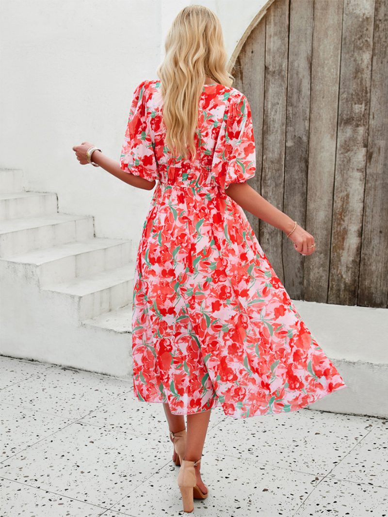 Damen-sommerkleid Floral Bedruckt V-ausschnitt Böhmische Midi-kleider - Rot