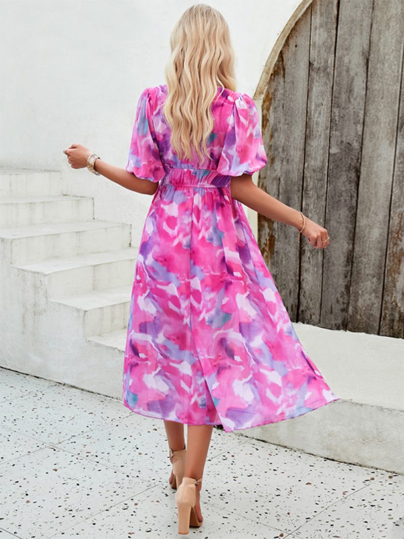 Damen-sommerkleid Floral Bedruckt V-ausschnitt Böhmische Midi-kleider - Rose