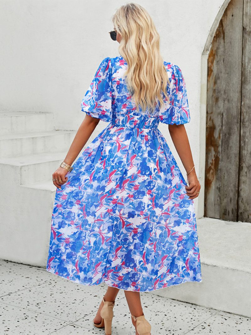 Damen-sommerkleid Floral Bedruckt V-ausschnitt Böhmische Midi-kleider - Blau