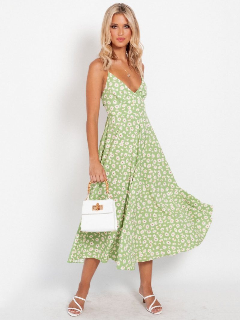 Damen-sonnenblumen-sommerkleider Strand-swingkleid Mit Ditsy-blumendruck - Grasgrün