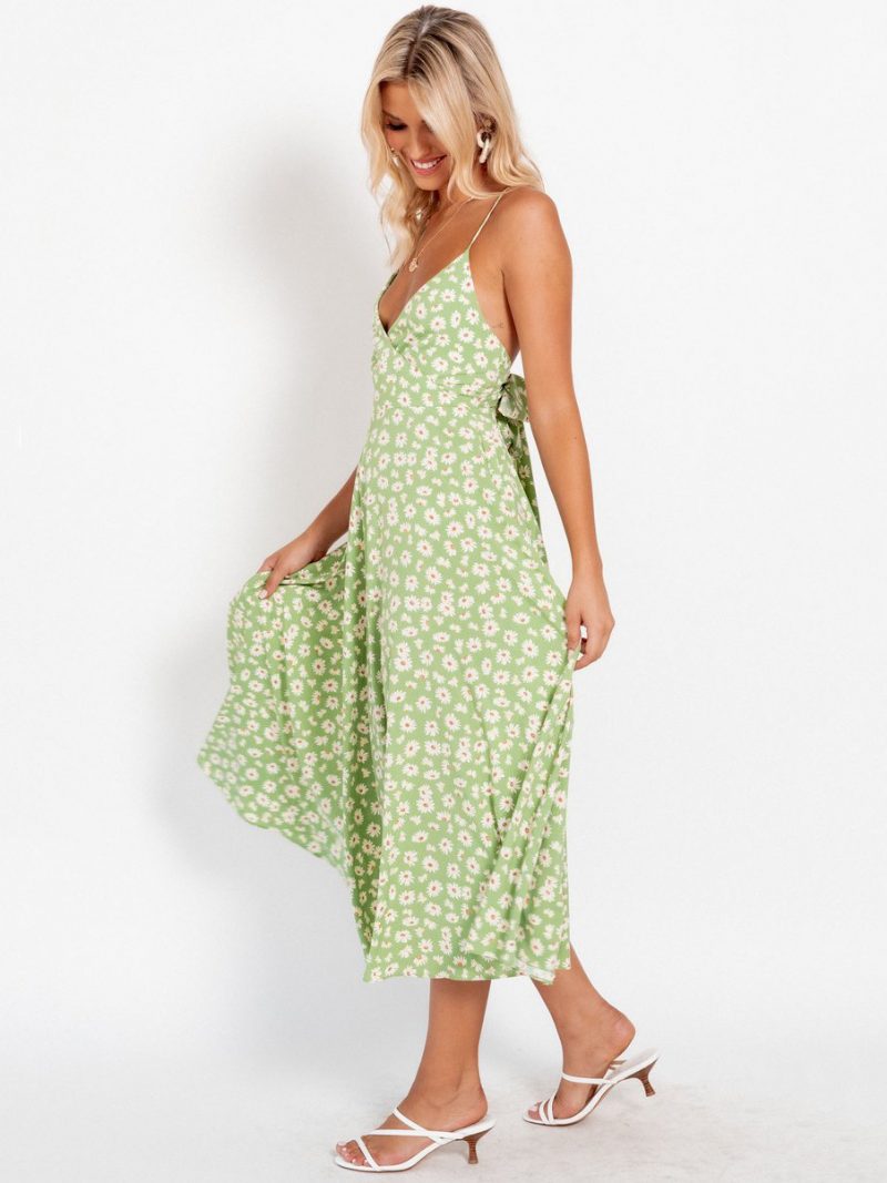 Damen-sonnenblumen-sommerkleider Strand-swingkleid Mit Ditsy-blumendruck - Grasgrün