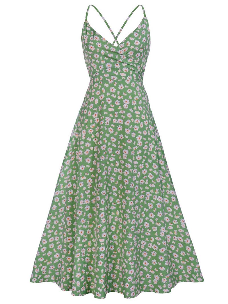 Damen-sonnenblumen-sommerkleider Strand-swingkleid Mit Ditsy-blumendruck - Grasgrün