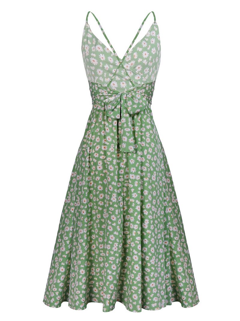 Damen-sonnenblumen-sommerkleider Strand-swingkleid Mit Ditsy-blumendruck - Grasgrün