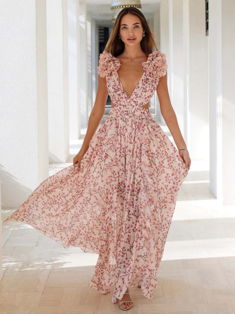 Fließendes Blumenkleid Für Damen Tiefes Rückenfreies Maxi-boho-kleid Mit Hohem Schlitz - Rosa