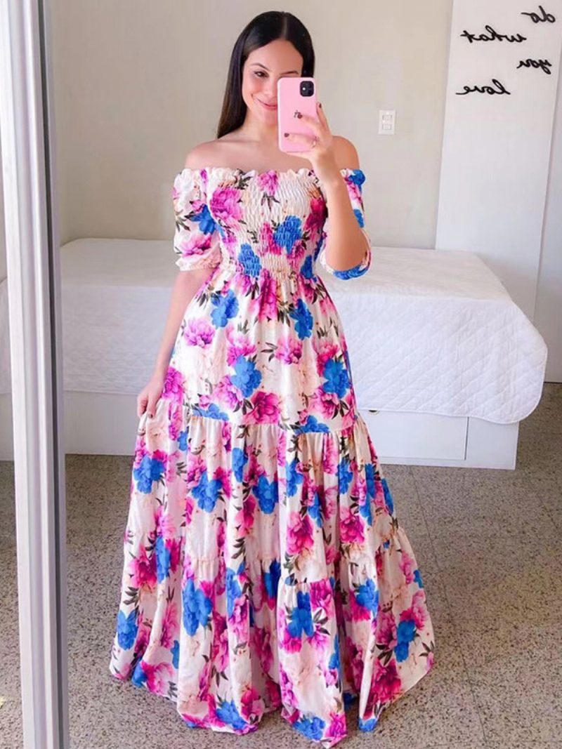 Gesmoktes Damenkleid Mit Blumenmuster Schulterfrei Gestuft Lässige Sommerkleider