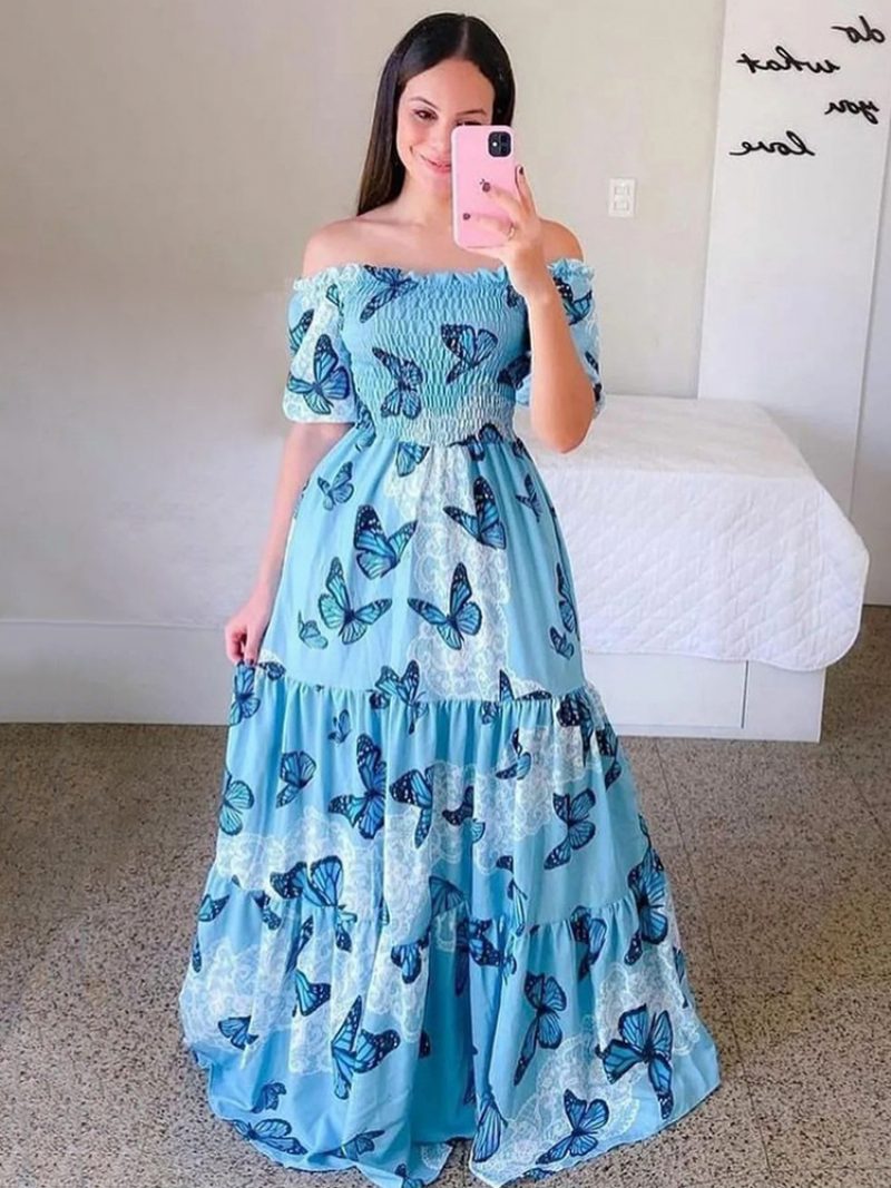 Gesmoktes Damenkleid Mit Blumenmuster Schulterfrei Gestuft Lässige Sommerkleider - Helles Himmelblau