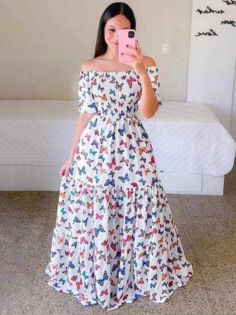 Gesmoktes Damenkleid Mit Blumenmuster Schulterfrei Gestuft Lässige Sommerkleider - Weiß