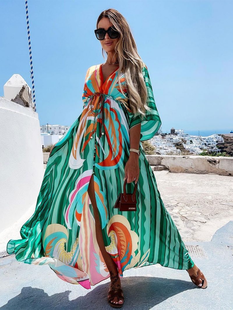 Langes Kleid Mit V-ausschnitt Und Fledermausärmeln Bohemian-stil Bedruckt Strandkleid Für Damen