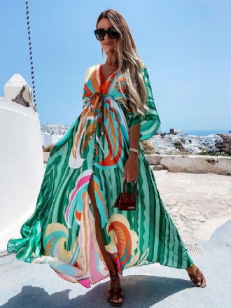 Langes Kleid Mit V-ausschnitt Und Fledermausärmeln Bohemian-stil Bedruckt Strandkleid Für Damen