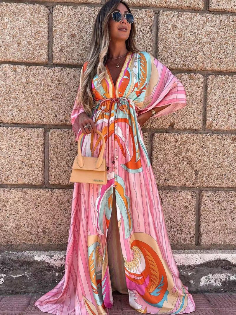 Langes Kleid Mit V-ausschnitt Und Fledermausärmeln Bohemian-stil Bedruckt Strandkleid Für Damen - Rosa