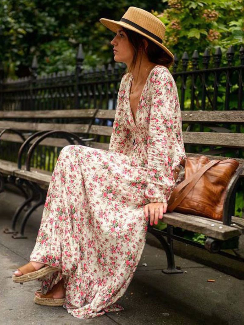 Rosafarbenes Maxikleid Für Damen V-ausschnitt Lange Ärmel Rüschen Blumenmuster Schmale Passform Langes Warp-kleid - Rosa