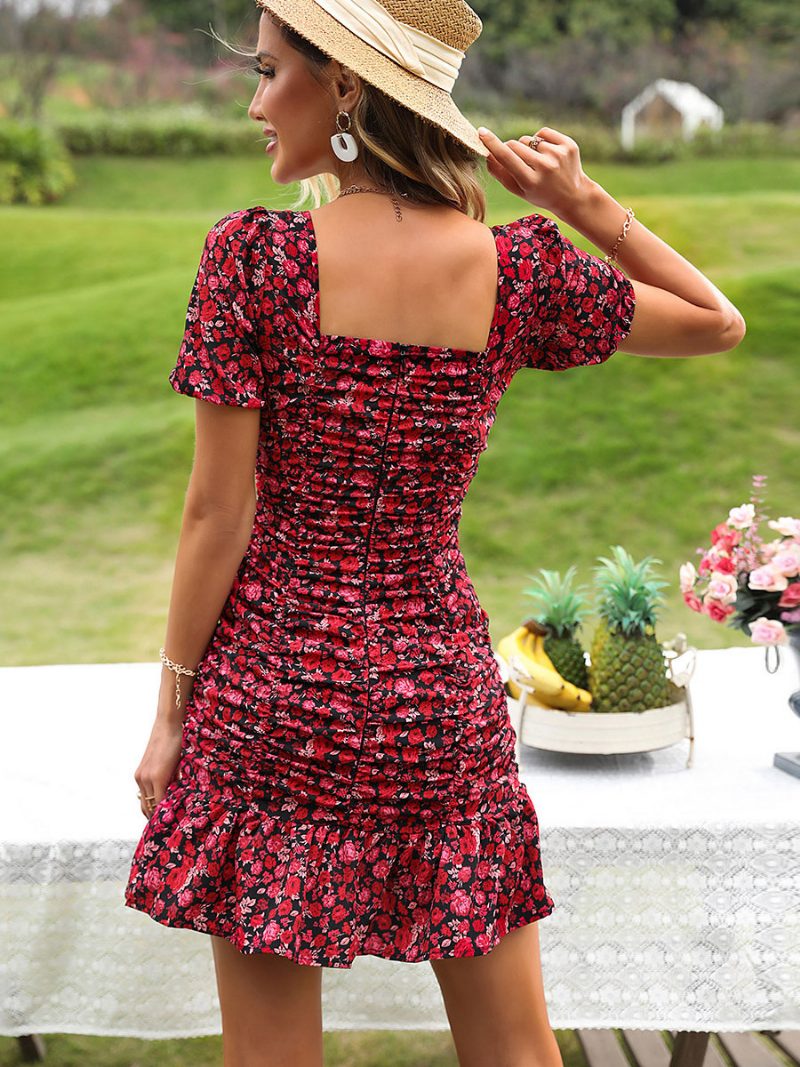 Sommer-minikleider Für Damen Rot Quadratischer Ausschnitt Rüschen Blumendruck Strandkleid - Rot