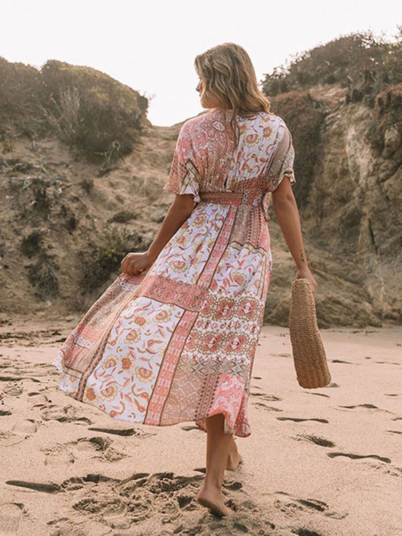 Sommerkleid Für Damen Rosa V-ausschnitt Blumendruck Strandkleid - Rosa