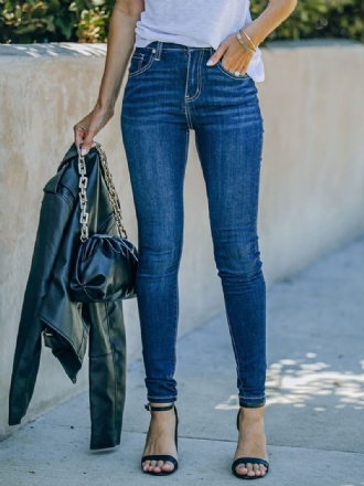 Blaue Röhrenjeans Für Damen Mit Hohem Bund Und Reißverschluss Lässige Denim-hose