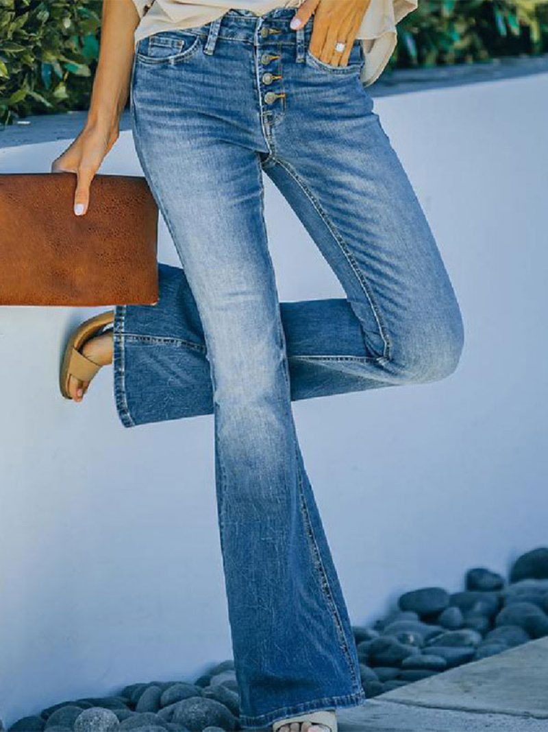 Bootcut-jeans Für Damen Knöpfe Hoher Bund Baumwoll-flare-bottom 2024 - Blau