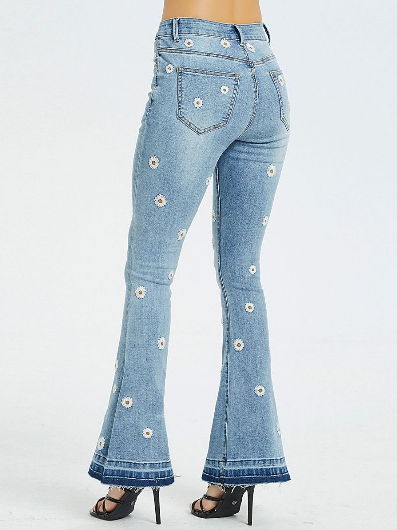 Bootcut-jeans Für Damen Mit Gänseblümchen-stickerei Mittelhohes Flare-hose 2024 - Blau