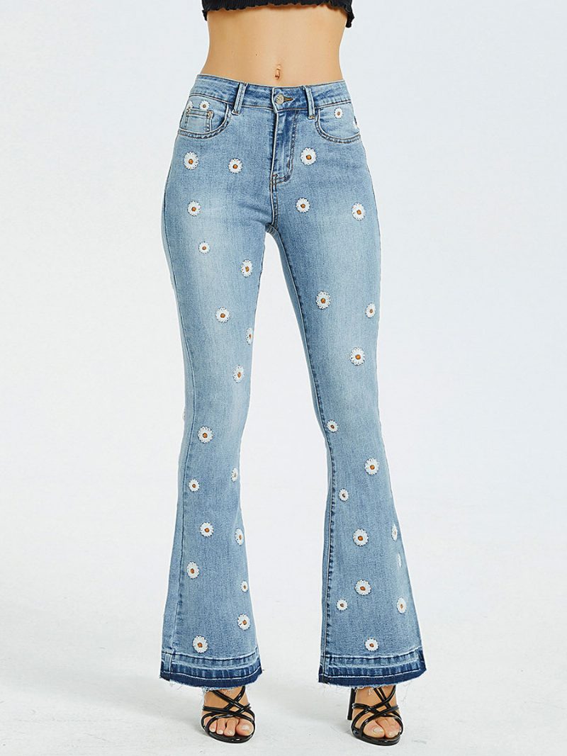 Bootcut-jeans Für Damen Mit Gänseblümchen-stickerei Mittelhohes Flare-hose 2024 - Blau