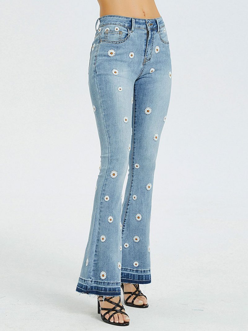 Bootcut-jeans Für Damen Mit Gänseblümchen-stickerei Mittelhohes Flare-hose 2024 - Blau