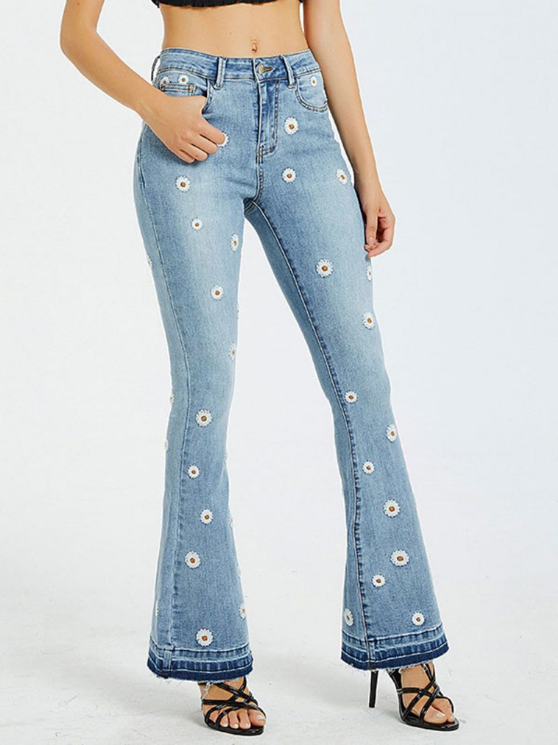 Bootcut-jeans Für Damen Mit Gänseblümchen-stickerei Mittelhohes Flare-hose 2024 - Blau