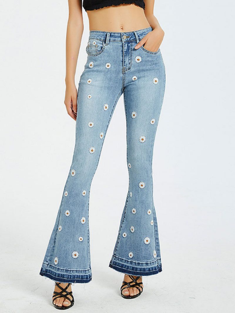 Bootcut-jeans Für Damen Mit Gänseblümchen-stickerei Mittelhohes Flare-hose 2024 - Blau