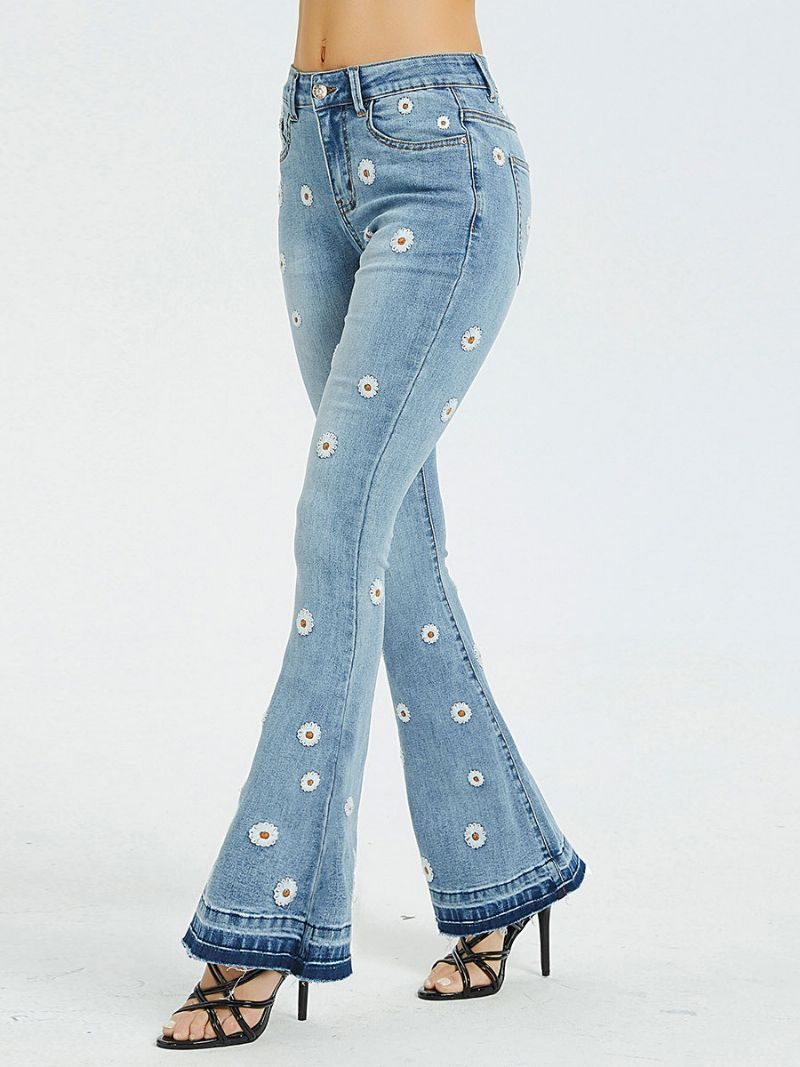 Bootcut-jeans Für Damen Mit Gänseblümchen-stickerei Mittelhohes Flare-hose 2024 - Blau