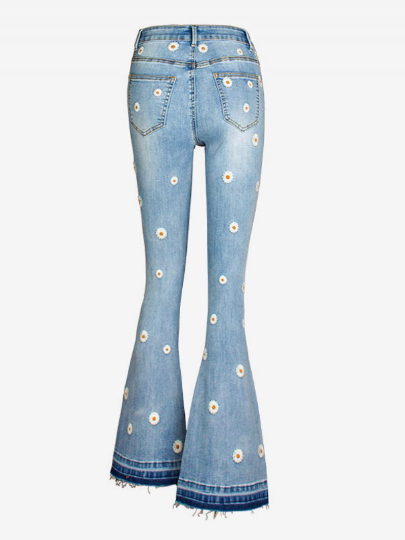 Bootcut-jeans Für Damen Mit Gänseblümchen-stickerei Mittelhohes Flare-hose 2024 - Blau