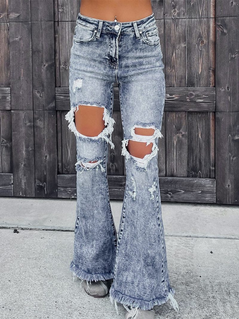 Bootcut-jeans Für Damen Zerrissene Baumwoll-rohkantenhose 2024