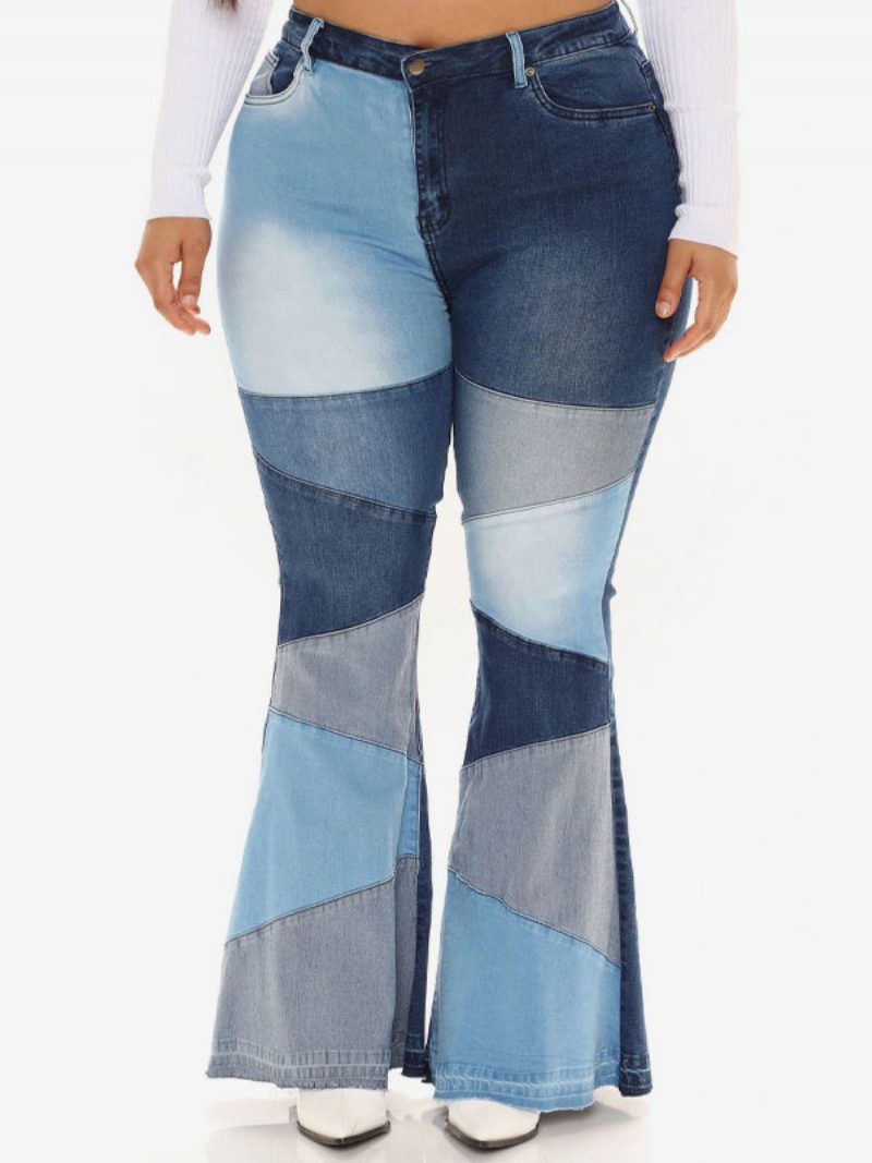 Damen-jeans Lässige Geometrische Schlaghose Aus Baumwolle - Blau