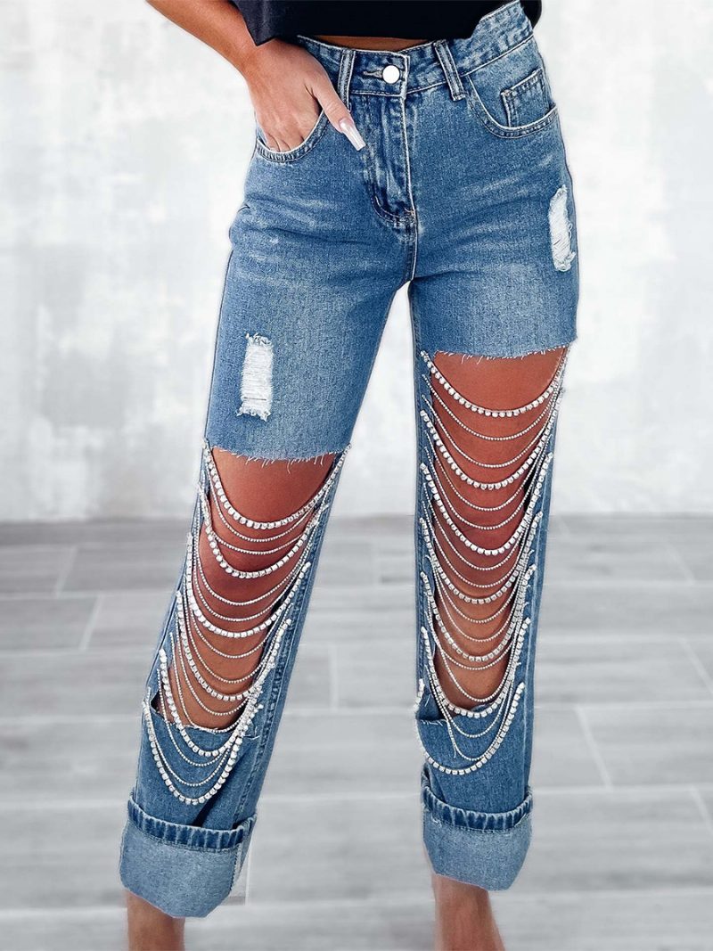 Damen-jeans Mit Fransen Und Ketten Hoher Taille Asymmetrische Nightout-jeanshose