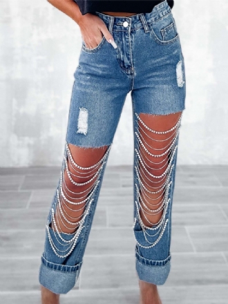 Damen-jeans Mit Fransen Und Ketten Hoher Taille Asymmetrische Nightout-jeanshose