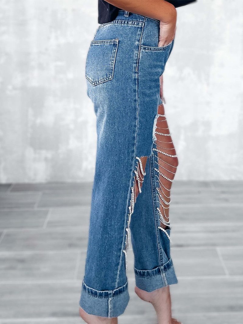 Damen-jeans Mit Fransen Und Ketten Hoher Taille Asymmetrische Nightout-jeanshose - Blau