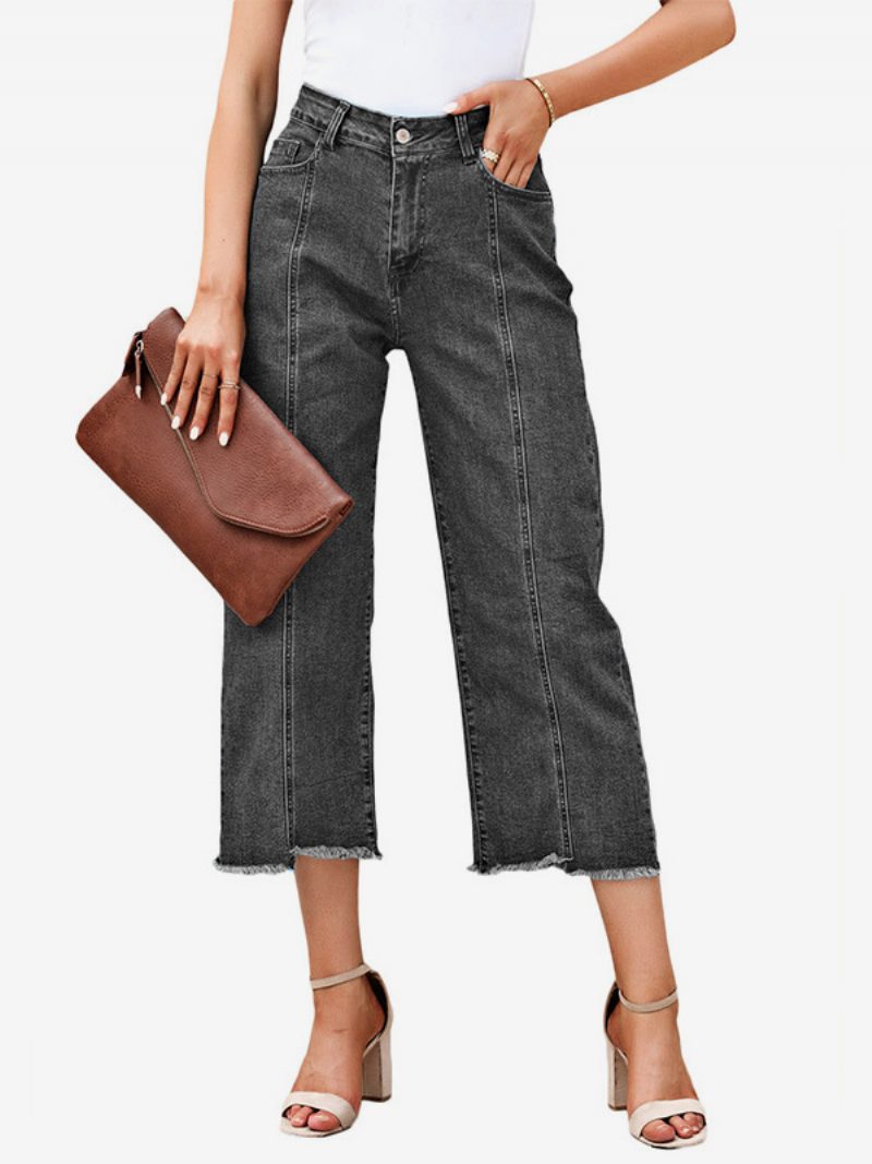 Damen-jeans Mit Geradem Bein Natürliche Taille Reißverschluss Tägliche Freizeithose - Grau