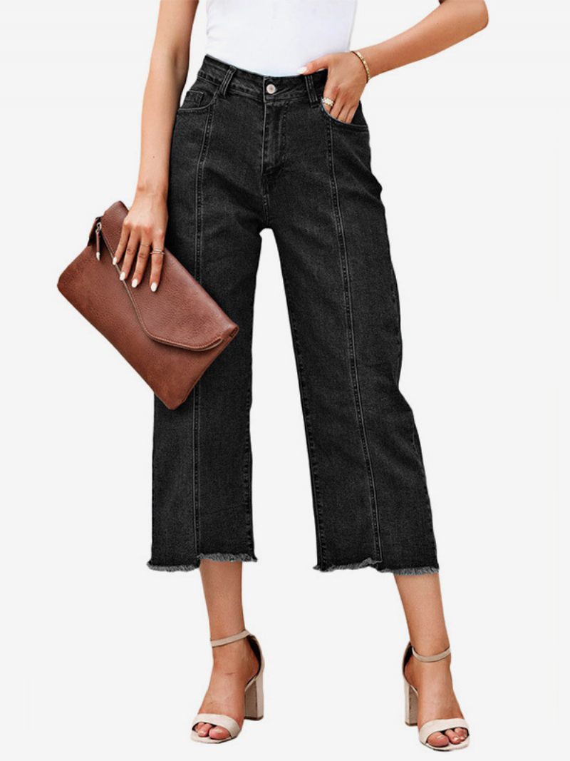 Damen-jeans Mit Geradem Bein Natürliche Taille Reißverschluss Tägliche Freizeithose - Schwarz