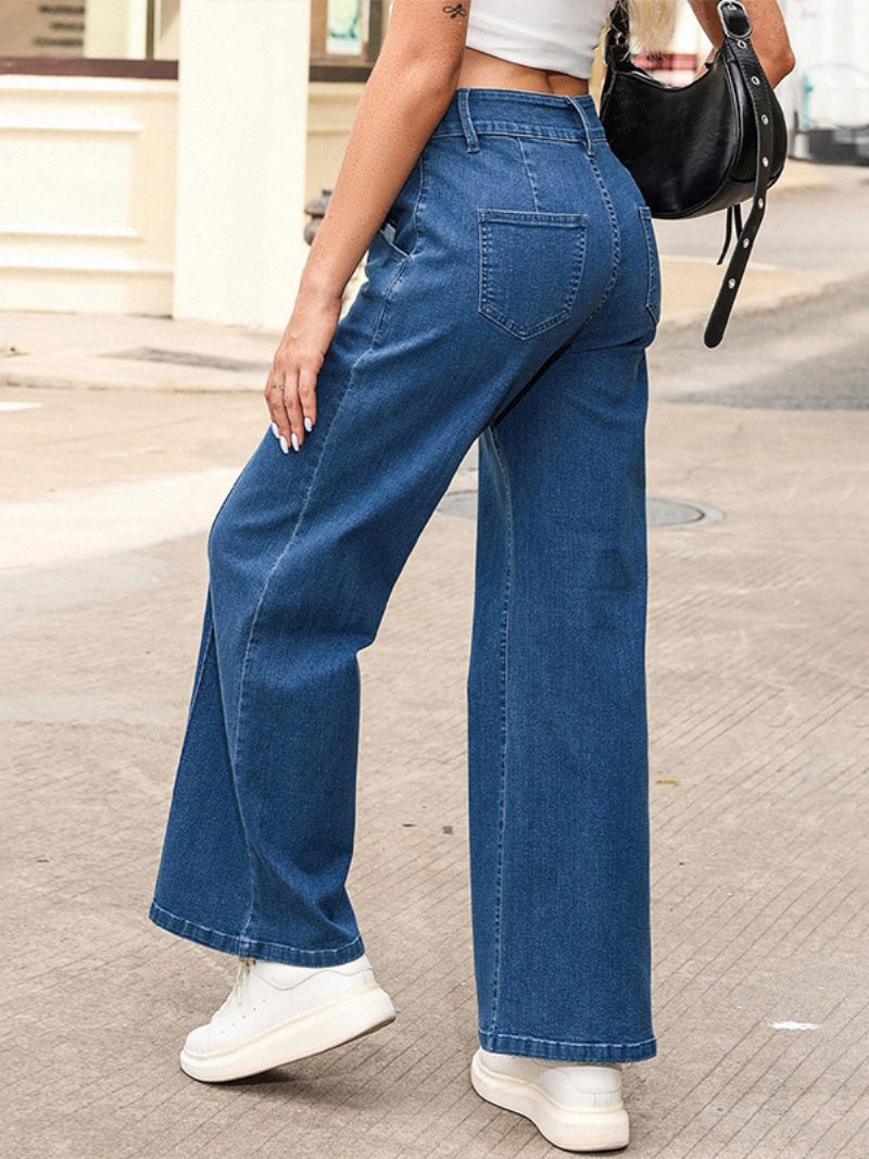 Damen-jeans Mit Hoher Taille Reißverschluss Knöpfe Weites Bein Tägliche Freizeithose - Blau