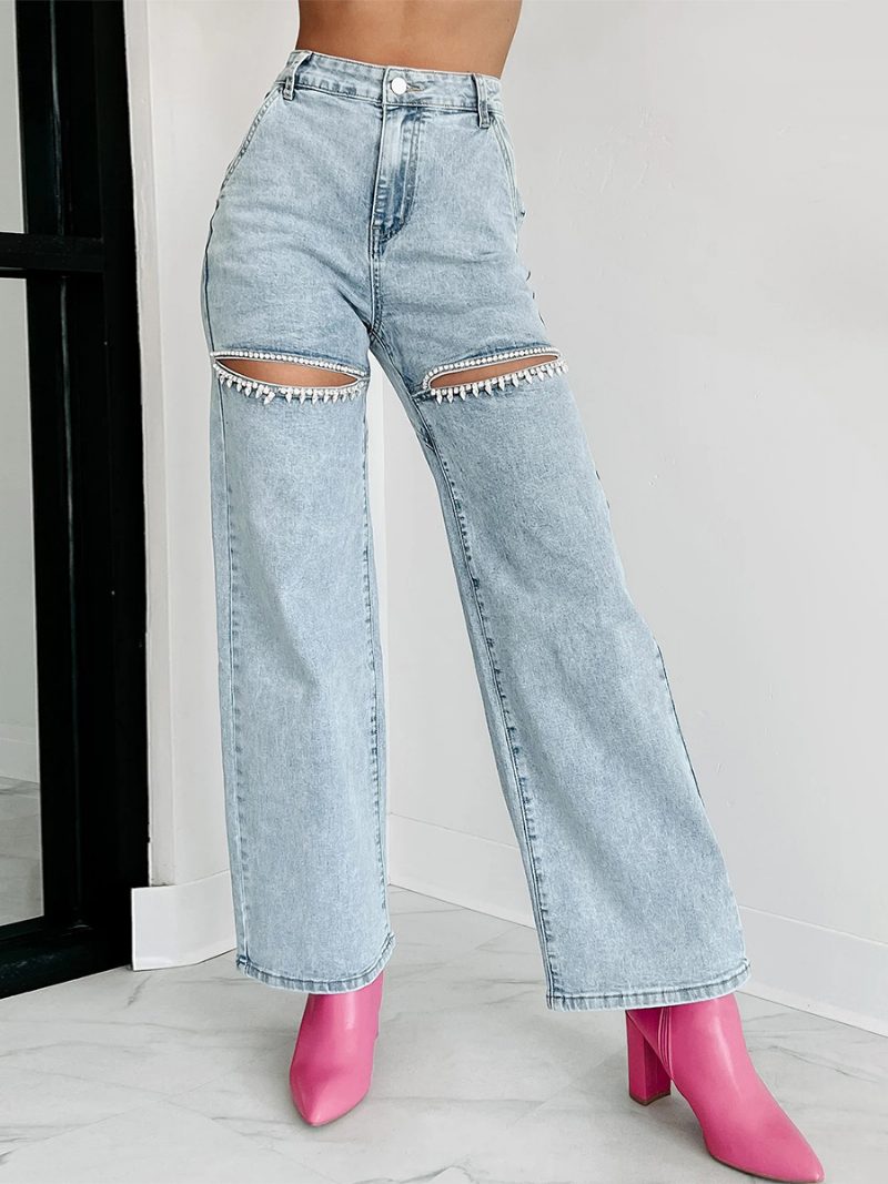 Damen-jeans Mit Weitem Bein Strasssteinen Ausschnitt Hoher Taille Lässige Denim-hose